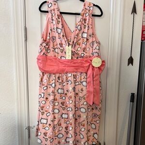 Lindy Bop Pink Floral Mini Dress with Coral Waist Sash